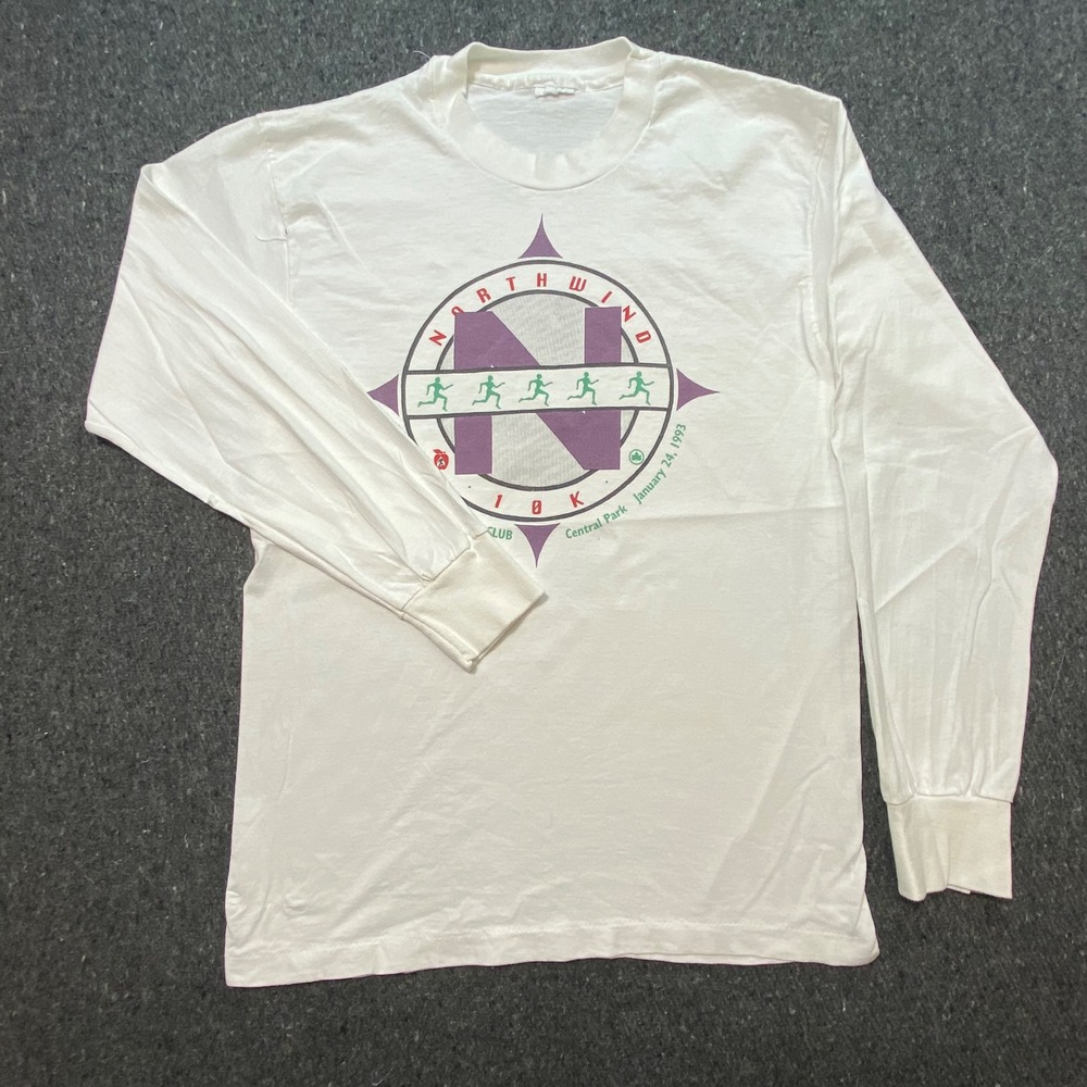 Vintage White Long Sleeve Tee with Purple & Green Logo